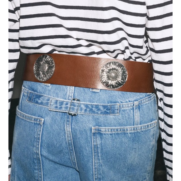 Zara Wide Leather Belt with Silver Buckle & Flowers Brown NWT main image 6
